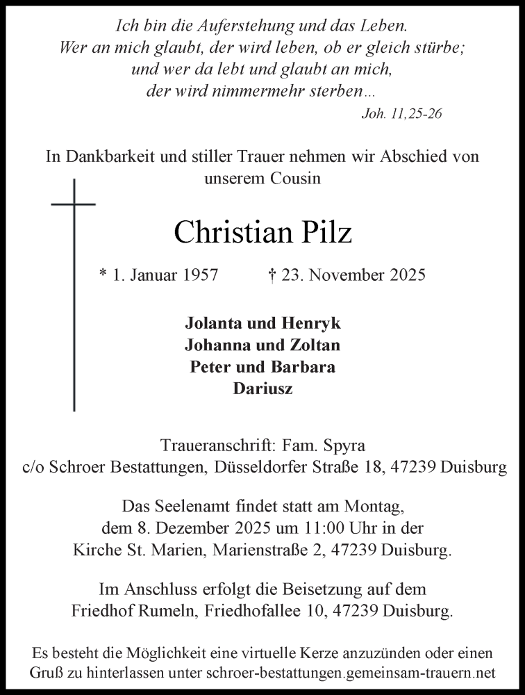  Traueranzeige für Christian Pilz vom 29.11.2025 aus Tageszeitung