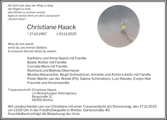 Traueranzeige von Christiane Haack von Tageszeitung