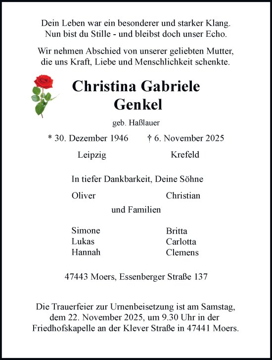 Traueranzeige von Christina Gabriele Genkel von Tageszeitung