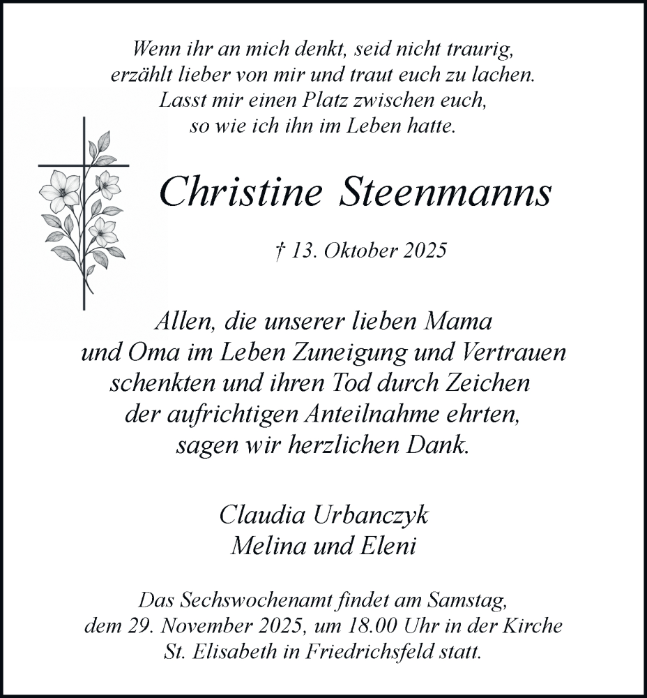  Traueranzeige für Christine Steenmanns vom 26.11.2025 aus Tageszeitung