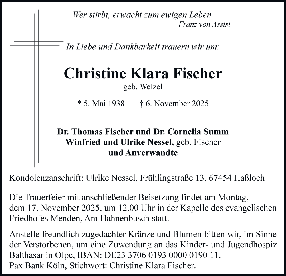  Traueranzeige für Christine Klara Fischer vom 12.11.2025 aus Tageszeitung