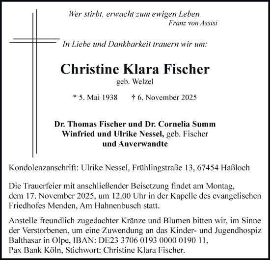 Traueranzeige von Christine Klara Fischer von Tageszeitung