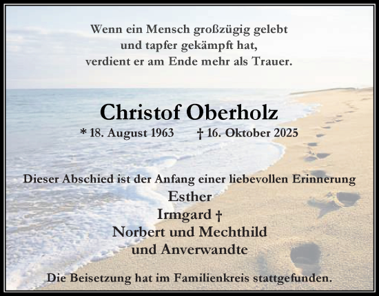 Traueranzeige von Christof Oberholz von Tageszeitung