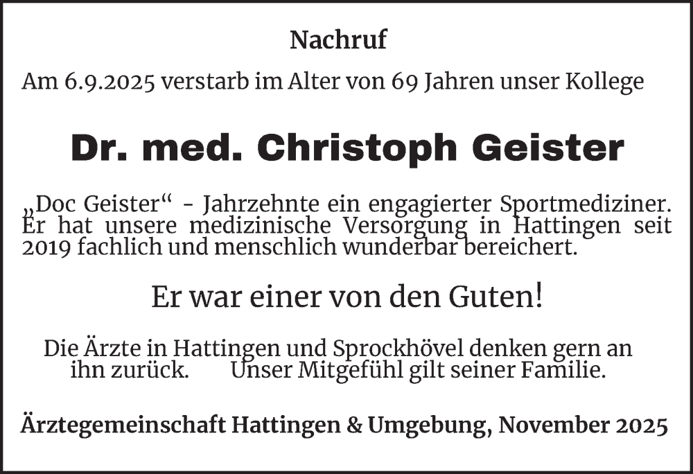  Traueranzeige für Christoph Geister vom 04.11.2025 aus Tageszeitung