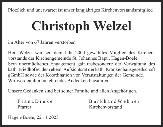 Traueranzeige von Christoph Welzel von Tageszeitung