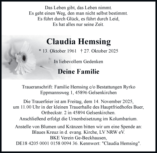 Traueranzeige von Claudia Hemsing von Tageszeitung