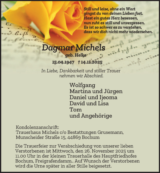 Traueranzeige von Dagmar Michels von Tageszeitung