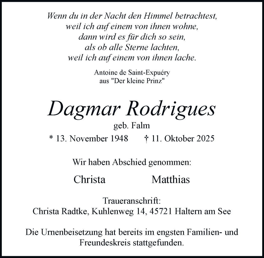  Traueranzeige für Dagmar Rodrigues vom 08.11.2025 aus Tageszeitung