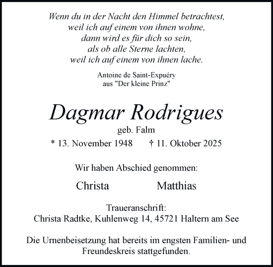 Traueranzeige von Dagmar Rodrigues von Tageszeitung