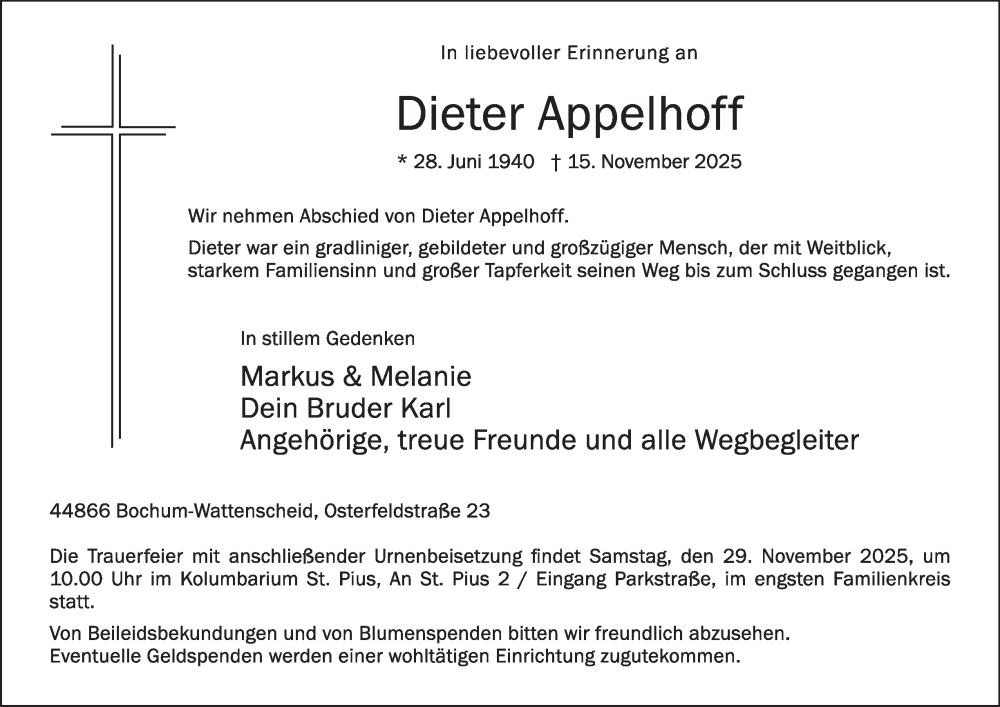  Traueranzeige für Dieter Appelhoff vom 22.11.2025 aus Tageszeitung