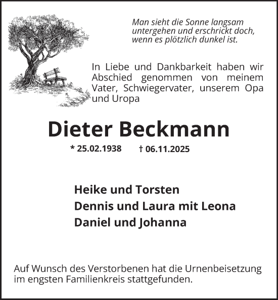 Traueranzeige von Dieter Beckmann von Tageszeitung