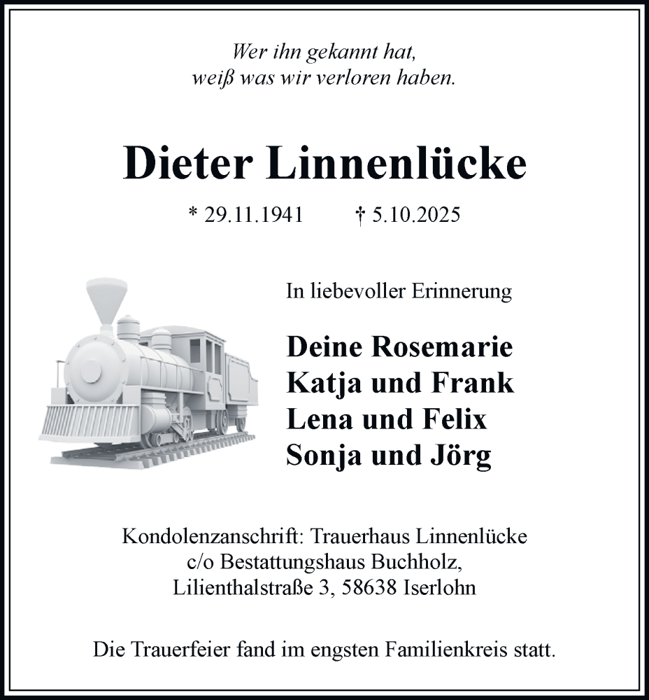  Traueranzeige für Dieter Linnenlücke vom 08.11.2025 aus Tageszeitung