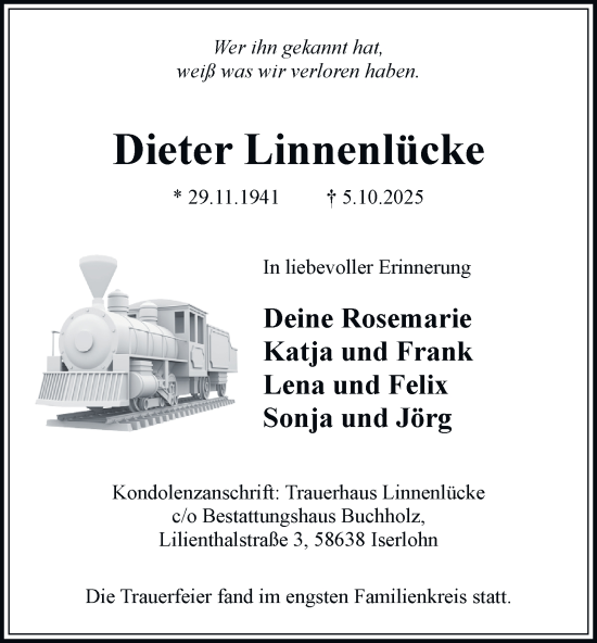 Traueranzeige von Dieter Linnenlücke von Tageszeitung