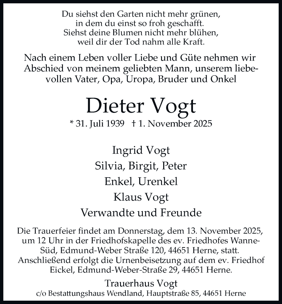  Traueranzeige für Dieter Vogt vom 08.11.2025 aus Tageszeitung