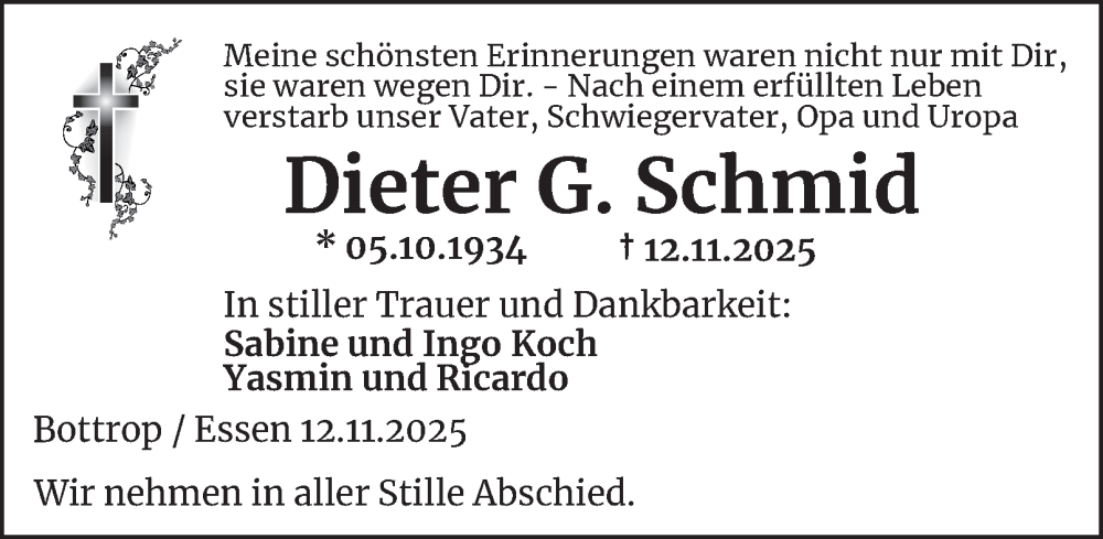  Traueranzeige für Dieter G. Schmid vom 22.11.2025 aus Tageszeitung