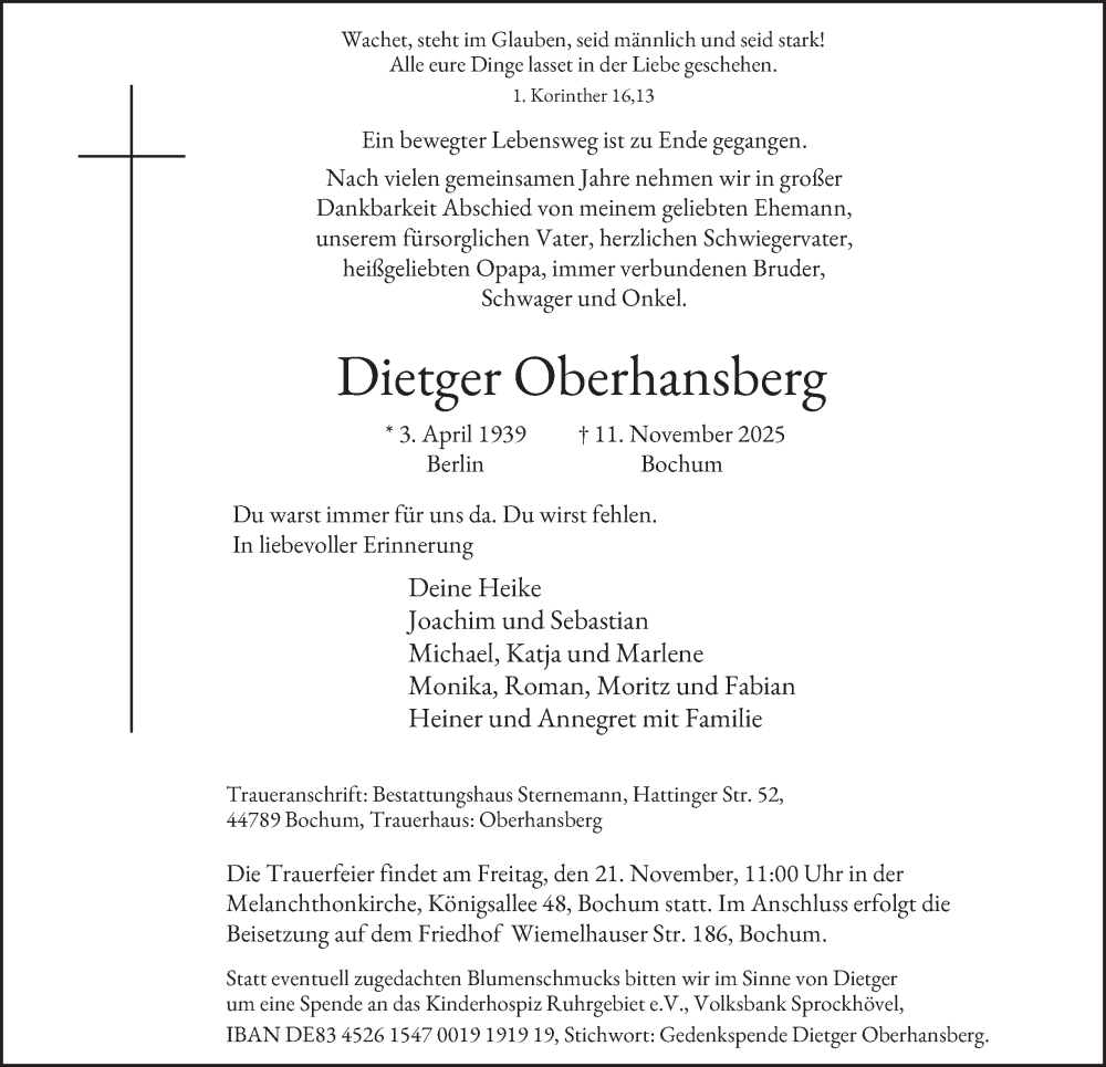  Traueranzeige für Dietger Oberhansberg vom 15.11.2025 aus Tageszeitung