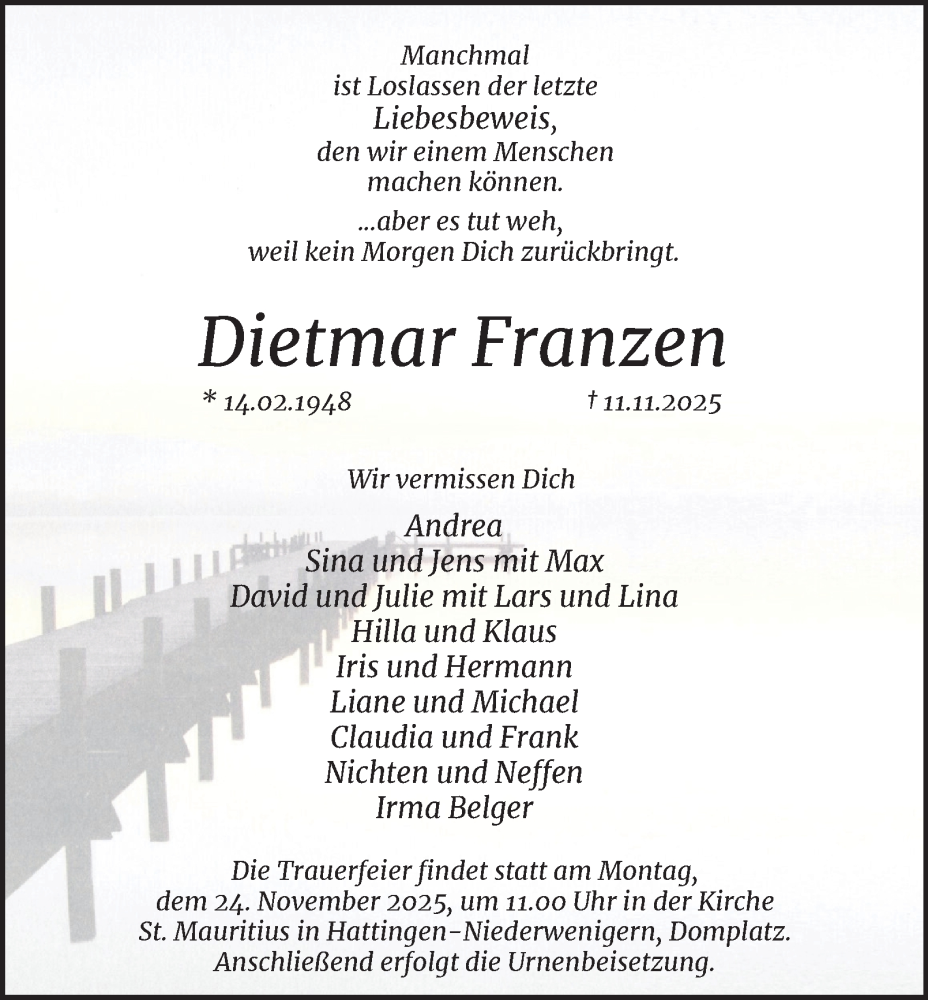  Traueranzeige für Dietmar Franzen vom 19.11.2025 aus Tageszeitung