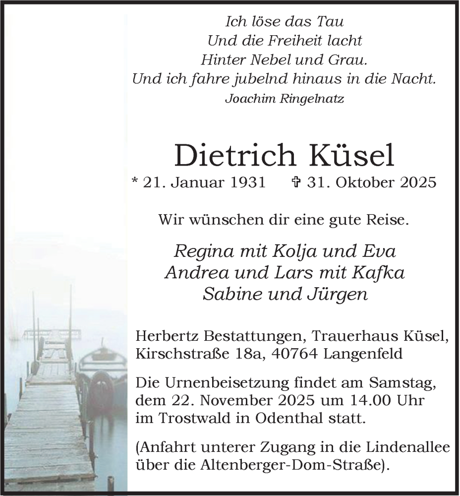  Traueranzeige für Dietrich Küsel vom 15.11.2025 aus Tageszeitung
