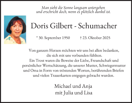 Traueranzeige von Doris Gilbert-Schumacher von Tageszeitung
