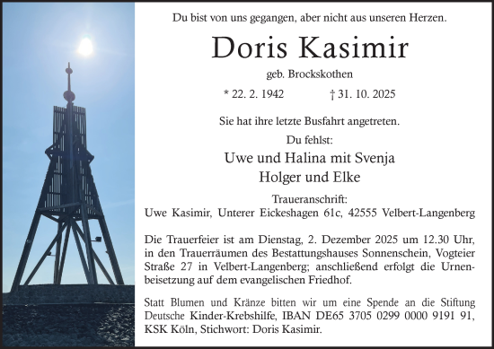 Traueranzeige von Doris Kasimir von Tageszeitung