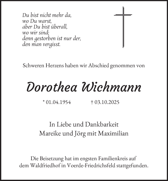 Traueranzeige von Dorothea Wichmann von Tageszeitung