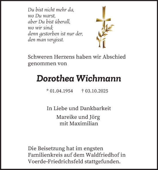 Traueranzeige von Dorothea Wichmann von Tageszeitung