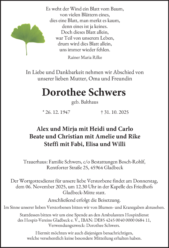 Traueranzeige von Dorothee Schwers von Tageszeitung