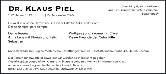Traueranzeige von Dr. Klaus Piel von Tageszeitung