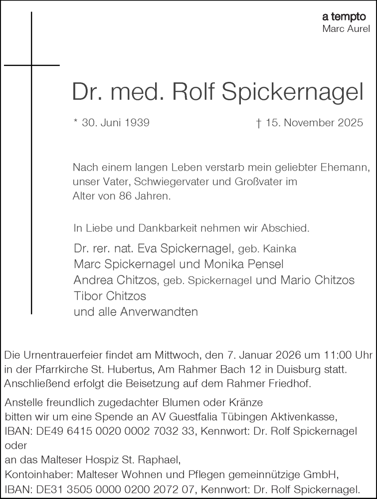  Traueranzeige für Dr. med. Rolf Spickernagel vom 29.11.2025 aus Tageszeitung