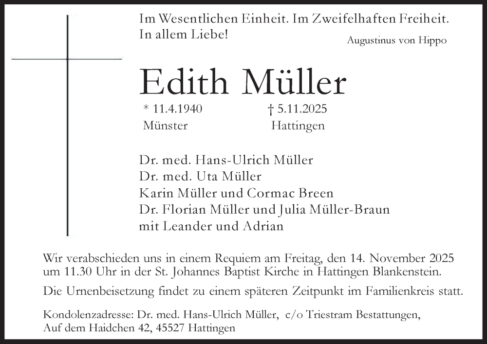  Traueranzeige für Edith Müller vom 12.11.2025 aus Tageszeitung