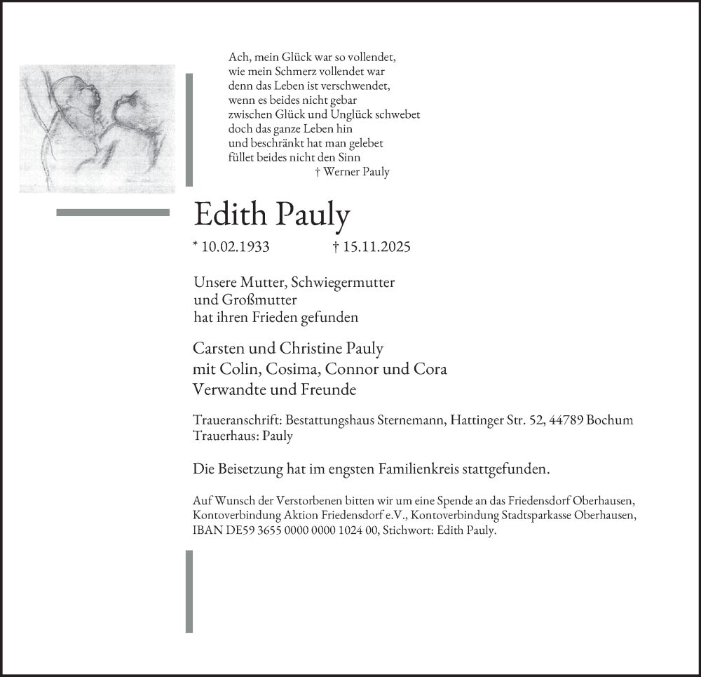  Traueranzeige für Edith Pauly vom 22.11.2025 aus Tageszeitung