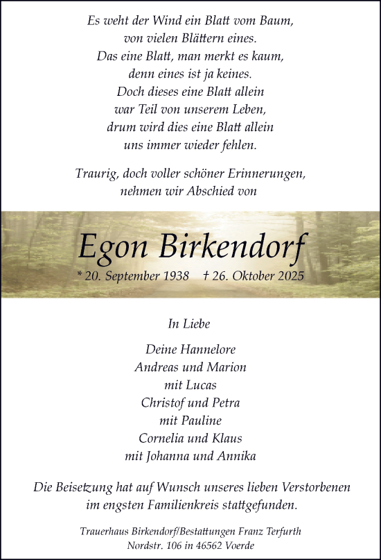 Traueranzeige von Egon Birkendorf von Tageszeitung
