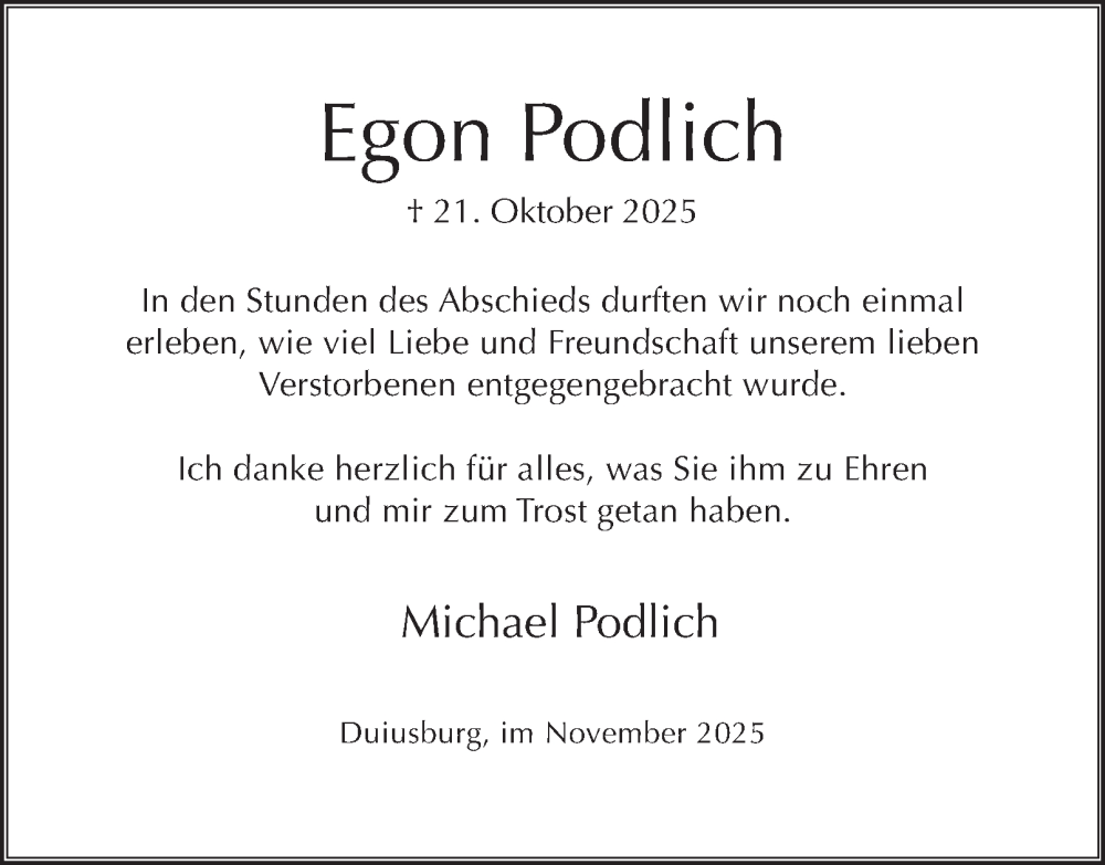  Traueranzeige für Egon Podlich vom 15.11.2025 aus Tageszeitung
