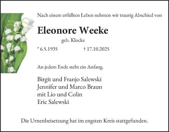 Traueranzeige von Eleonore Weeke von Tageszeitung