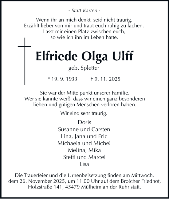 Traueranzeige von Elfriede Olga Ulff von Tageszeitung