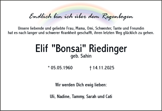 Traueranzeige von Elif Riedinger von Tageszeitung