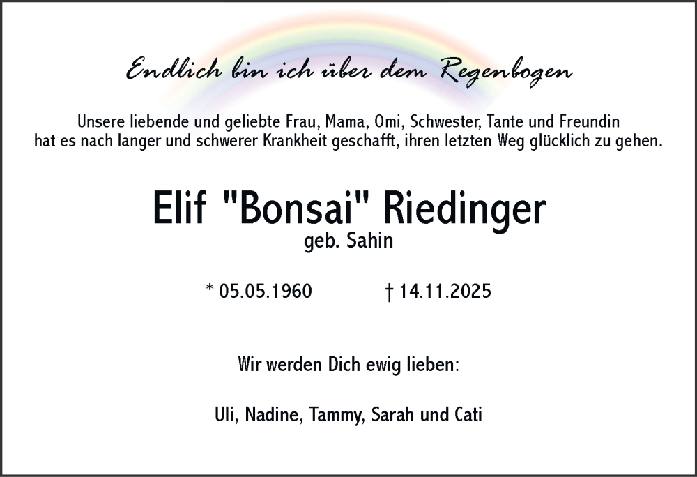  Traueranzeige für Elif Riedinger vom 22.11.2025 aus Tageszeitung