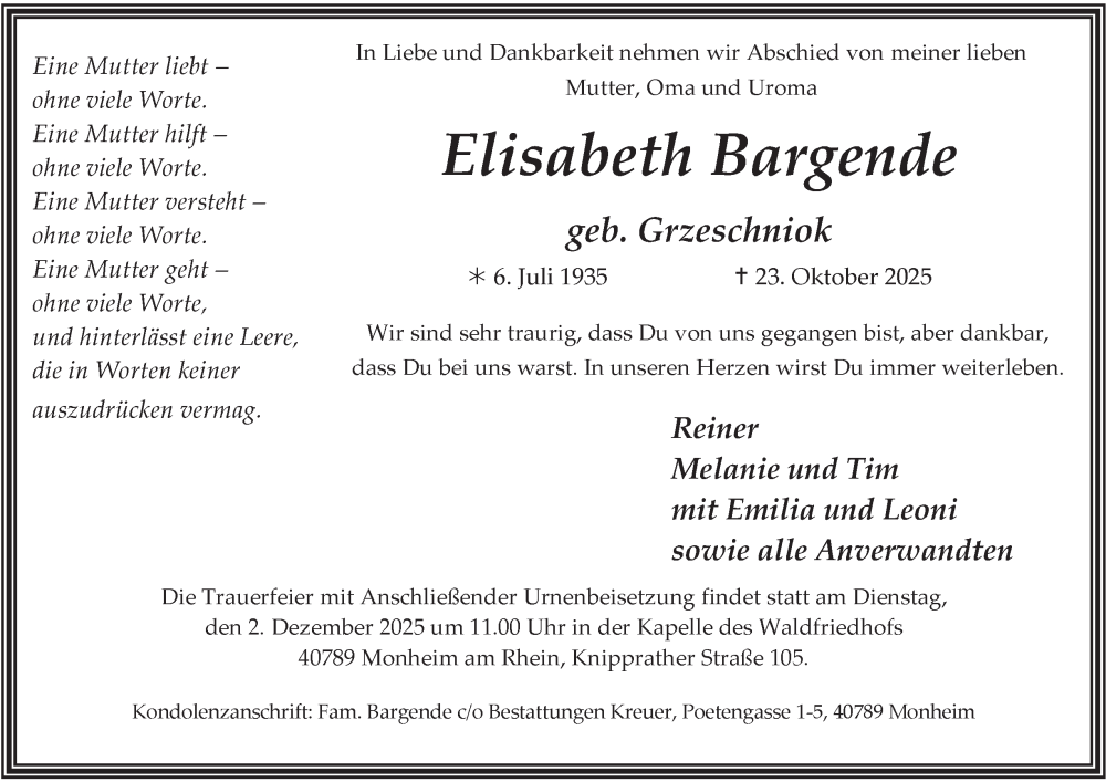  Traueranzeige für Elisabeth Bargende vom 22.11.2025 aus Tageszeitung