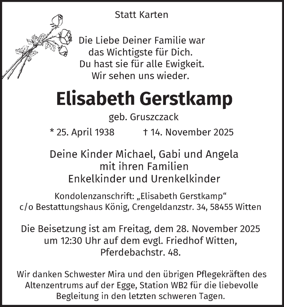  Traueranzeige für Elisabeth Gerstkamp vom 22.11.2025 aus Tageszeitung