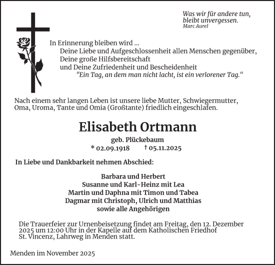 Traueranzeige von Elisabeth Ortmann von Tageszeitung