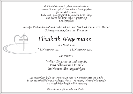 Traueranzeige von Elisabeth Wegermann von Tageszeitung