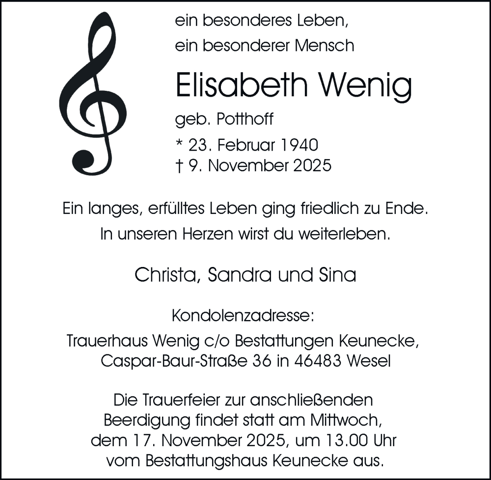  Traueranzeige für Elisabeth Wenig vom 15.11.2025 aus Tageszeitung