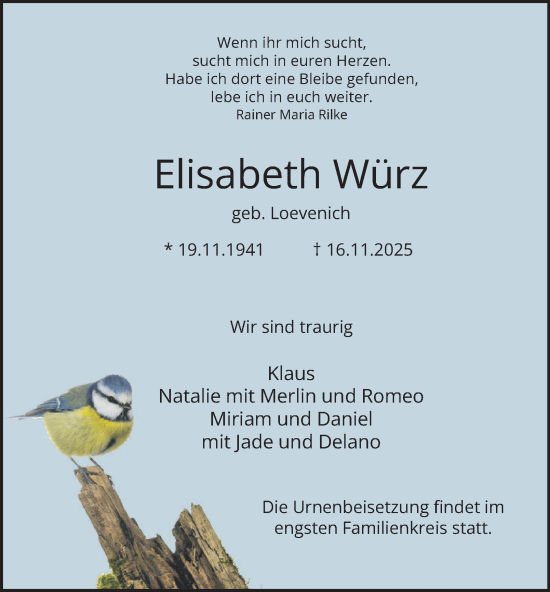 Traueranzeige von Elisabeth Würz von Tageszeitung