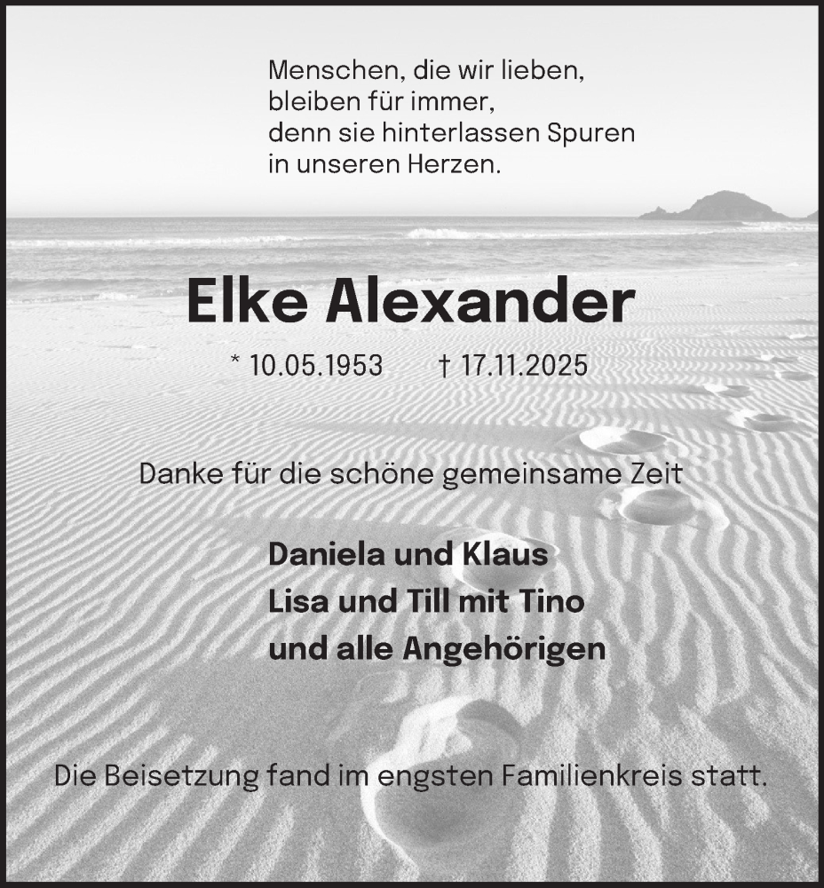  Traueranzeige für Elke Alexander vom 29.11.2025 aus Tageszeitung