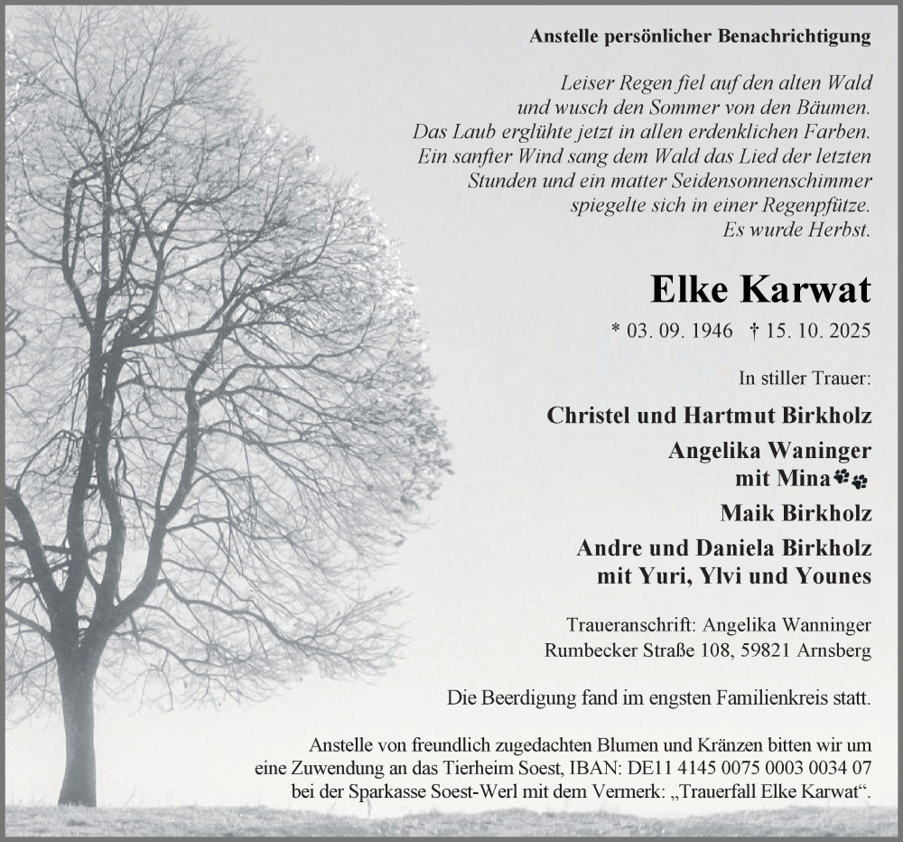  Traueranzeige für Elke Karwat vom 08.11.2025 aus Tageszeitung
