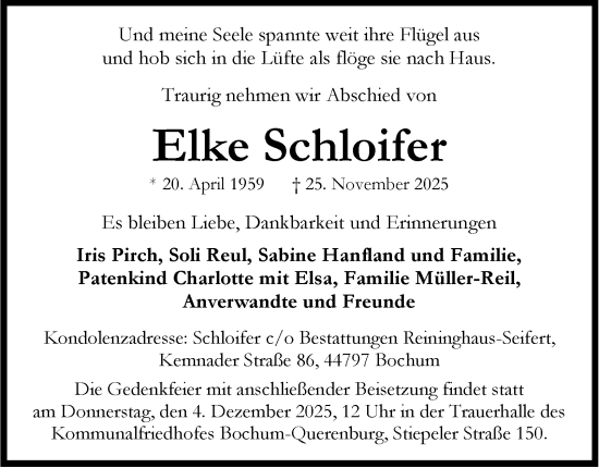 Traueranzeige von Elke Schloifer von Tageszeitung
