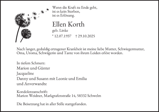 Traueranzeige von Ellen Korth von Tageszeitung