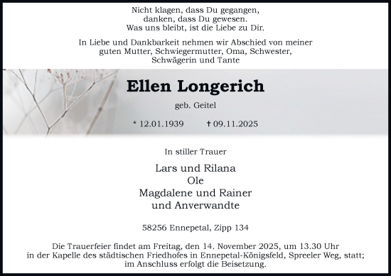 Traueranzeige von Ellen Longerich von Tageszeitung