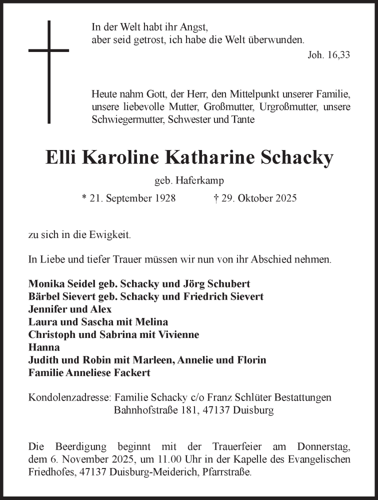  Traueranzeige für Elli Karoline Katharine Schacky vom 04.11.2025 aus Tageszeitung