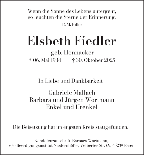 Traueranzeige von Elsbeth Fiedler von Tageszeitung